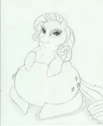 Size: 1045x1280 | Tagged: safe, artist:bunearyk, derpibooru import, rarity, pony, unicorn, fat, female, mare, obese, raritubby, sitting, sketch, solo, traditional art