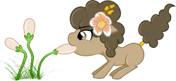 Size: 3691x1691 | Tagged: safe, artist:catnipfairy, derpibooru import, oc, oc:rice paddy, unofficial characters only, earth pony, pony, female, flower, flower in hair, mare, mouth hold, pulling, simple background, solo, transparent background, vector