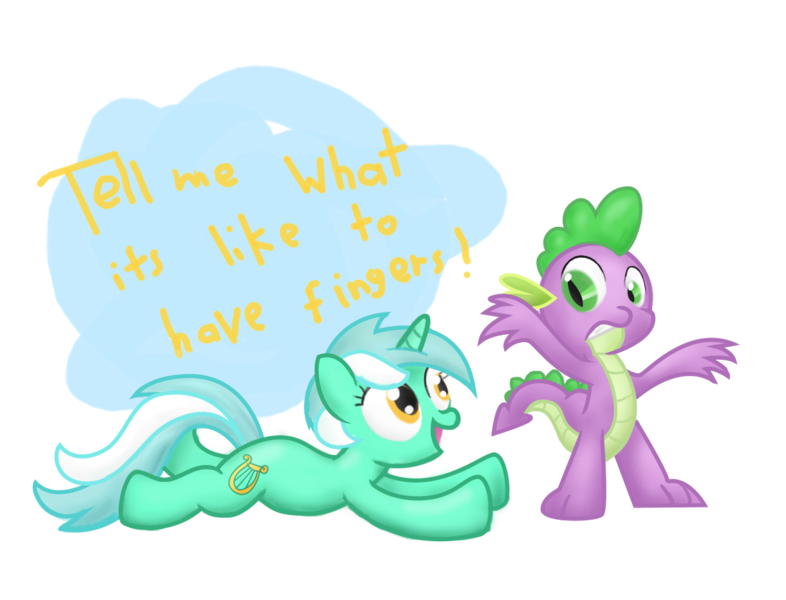 Size: 1164x889 | Tagged: safe, artist:041744, derpibooru import, lyra heartstrings, spike, dragon, pony, unicorn, duo, female, hand, male, mare, prone, that pony sure does love hands