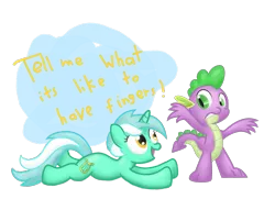 Size: 1164x889 | Tagged: safe, artist:041744, derpibooru import, lyra heartstrings, spike, dragon, pony, unicorn, duo, female, hand, male, mare, prone, that pony sure does love hands