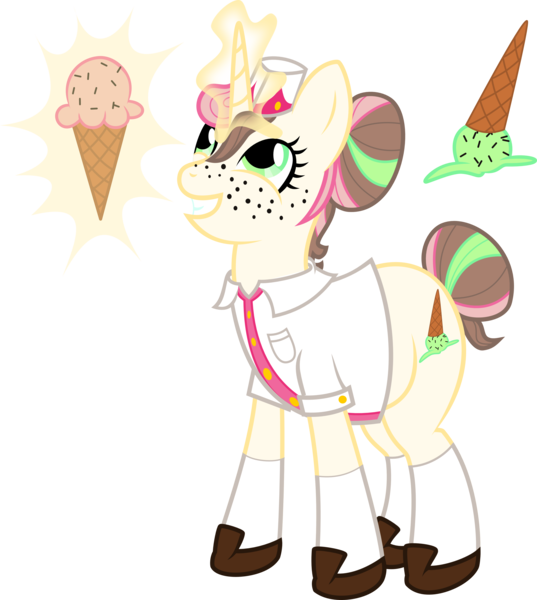 Size: 3340x3732 | Tagged: safe, artist:catnipfairy, derpibooru import, oc, unofficial characters only, pony, unicorn, clothes, dropped ice cream, female, freckles, glowing horn, hat, high res, ice cream, ice cream cone, ice cream mare, magic, mare, simple background, smiling, solo, telekinesis, transparent background, vector