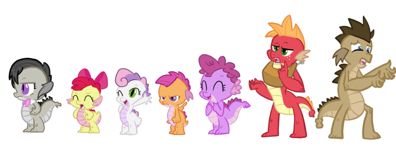 Size: 3425x1289 | Tagged: apple bloom, artist:fluttershy123, artist:itsaaudraw, berry punch, berryshine, big macintosh, bowtie, cutie mark crusaders, derpibooru import, doctor whooves, dragon, dragon bloom, dragoness, dragonified, female, male, octavia melody, safe, scootadragon, scootaloo, simple background, species swap, sweetie belle, sweetie dragon, teenaged dragon, time turner, transparent background