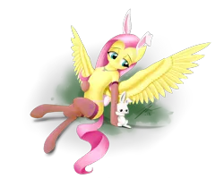 Size: 4500x3600 | Tagged: suggestive, artist:wreky, derpibooru import, angel bunny, fluttershy, pegasus, pony, angelshy, bunny ears, clothes, female, male, mare, necklace, shipping, simple background, sitting, stockings, straight, transparent background