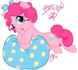 Size: 787x708 | Tagged: safe, artist:karacoon, derpibooru import, pinkie pie, earth pony, pony, alternate hairstyle, balloon, bubble berry, female, freckles, mare, pillow, prone, rule 63, rule 63'd rule 63, short mane, simple background, solo, transparent background