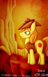 Size: 500x800 | Tagged: safe, artist:gamibrii, derpibooru import, braeburn, earth pony, pony, over a barrel, desert, first braeburn picture on derpibooru, male, reflection, serious, serious face, solo, stallion, standing