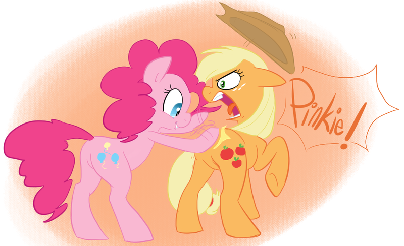 Size: 1022x624 | Tagged: safe, artist:briskby, artist:elslowmo, derpibooru import, applejack, pinkie pie, earth pony, pony, angry, applepie, balloonbutt, butt, butt touch, drumming, duo, duo female, female, gradient background, hoof on butt, lip bite, looking back, mare, plot, spanking, yelling