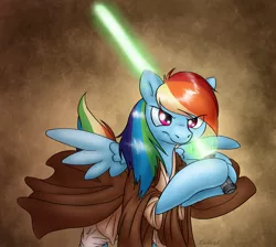 Size: 1342x1200 | Tagged: safe, artist:conicer, derpibooru import, rainbow dash, pegasus, pony, clothes, crossover, female, g4, jedi, lightsaber, mare, robe, solo, star wars