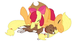 Size: 1250x690 | Tagged: safe, artist:kumkrum, derpibooru import, apple bloom, applejack, winona, dog, earth pony, pony, adorabloom, apple bloom's bow, apple sisters, applejack's hat, border collie, bow, cowboy hat, cute, eyes closed, female, filly, foal, hair bow, hat, jackabetes, mare, on back, pony pile, pony pillow, siblings, simple background, sisters, sleeping, transparent background, trio, trio female, winonabetes