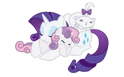 Size: 1250x779 | Tagged: safe, artist:kumkrum, derpibooru import, opalescence, rarity, sweetie belle, pony, unicorn, cute, diasweetes, female, filly, mare, pony pillow, raribetes, sisters, sleeping