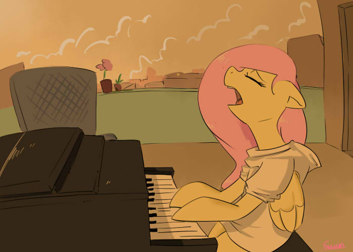 Size: 700x500 | Tagged: artist:swomswom, clothes, derpibooru import, eyes closed, female, fluttershy, hoodie, musical instrument, piano, safe, semi-anthro, singing, sitting, solo