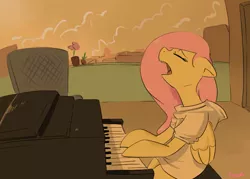 Size: 700x500 | Tagged: artist:swomswom, clothes, derpibooru import, eyes closed, female, fluttershy, hoodie, musical instrument, piano, safe, semi-anthro, singing, sitting, solo