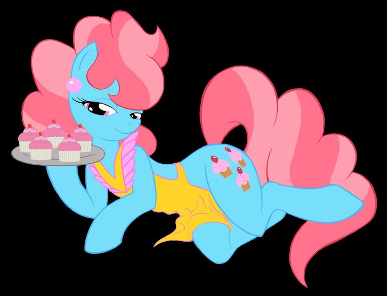 Size: 1280x979 | Tagged: suggestive, artist:drago-flame, derpibooru import, cup cake, earth pony, pony, apron, black background, clothes, cupcake, female, food, mare, side, simple background, smiling, solo, solo female, tray, younger