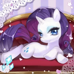 Size: 400x400 | Tagged: safe, artist:bnob, derpibooru import, rarity, pony, unicorn, bedroom eyes, couch, female, heart, looking at you, mare, prone, smiling, solo