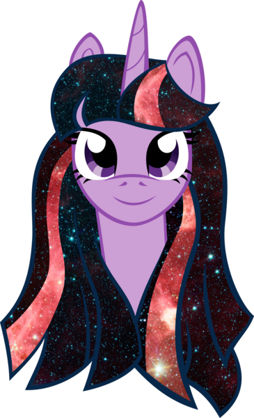 Size: 1858x3055 | Tagged: safe, artist:catnipfairy, derpibooru import, twilight sparkle, pony, unicorn, alternate hairstyle, bust, female, galaxy mane, i really like her mane, looking at you, mane, mare, portrait, simple background, smiling, solo, stars, transparent background, vector