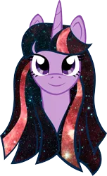 Size: 1858x3055 | Tagged: safe, artist:catnipfairy, derpibooru import, twilight sparkle, pony, unicorn, alternate hairstyle, bust, female, galaxy mane, i really like her mane, looking at you, mane, mare, portrait, simple background, smiling, solo, stars, transparent background, vector