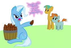 Size: 3000x2036 | Tagged: safe, artist:catnipfairy, derpibooru import, snails, snips, trixie, pony, unicorn, apple.mov, colt, female, fuck you i can eat all these apples, high res, male, mare, pinecone, simple background, transparent background, trixie eating pinecones, vector