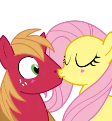Size: 1300x1400 | Tagged: dead source, safe, artist:miketheuser, derpibooru import, big macintosh, fluttershy, earth pony, pegasus, pony, blushing, female, fluttermac, kissing, love, male, mare, photoshop, shipping, simple background, stallion, straight, surprise kiss, surprised, transparent background
