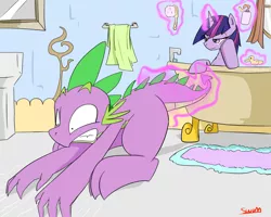 Size: 1280x1024 | Tagged: safe, artist:swomswom, derpibooru import, spike, twilight sparkle, dragon, pony, unicorn, bath, bathtub, claw foot bathtub, do not want, female, forced bathing, magic, male, mare, rubber duck, tail pull