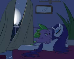 Size: 1280x1024 | Tagged: suggestive, artist:swomswom, derpibooru import, rarity, spike, dragon, pony, unicorn, bed, bedroom eyes, eye contact, female, interspecies, looking at each other, male, mare, moon, night, older, older spike, shipping, side, sparity, straight, window