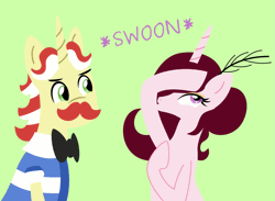 Size: 1179x861 | Tagged: safe, artist:catnipfairy, derpibooru import, flam, oc, oc:rose wine, pony, unicorn, ask the flim flam bros, animated, canon x oc, duckface, eyebrow wiggle, eyebrows, eyeshadow, female, gif, hatless, male, mare, missing accessory, moustache, shipping, simple background, stallion, straight, swoon