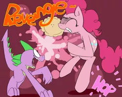 Size: 1280x1024 | Tagged: safe, artist:swomswom, derpibooru import, pinkie pie, spike, dragon, earth pony, pony, abstract background, duo, female, fight, food, male, mare, pie