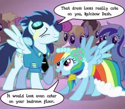 Size: 700x613 | Tagged: suggestive, derpibooru import, rainbow dash, soarin', pegasus, pony, bridesmaid dress, clothes, comic, dress, female, goggles, male, mare, necktie, pickup lines, rainbow dash always dresses in style, shipping, soarindash, stallion, straight, uniform, wonderbolts dress uniform