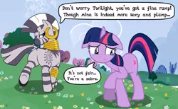 Size: 793x490 | Tagged: artist needed, source needed, safe, derpibooru import, twilight sparkle, zecora, pony, unicorn, zebra, butt envy, comic, crying, duo, duo female, female, floppy ears, grass, looking back, mare, plot, zecorass