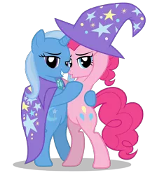 Size: 2400x2800 | Tagged: safe, artist:mixermike622, derpibooru import, pinkie pie, trixie, earth pony, pony, unicorn, bipedal, cape, clothes, female, hat, high res, lesbian, mare, shipping, simple background, transparent background, trixie's cape, trixie's hat, trixiepie, vector