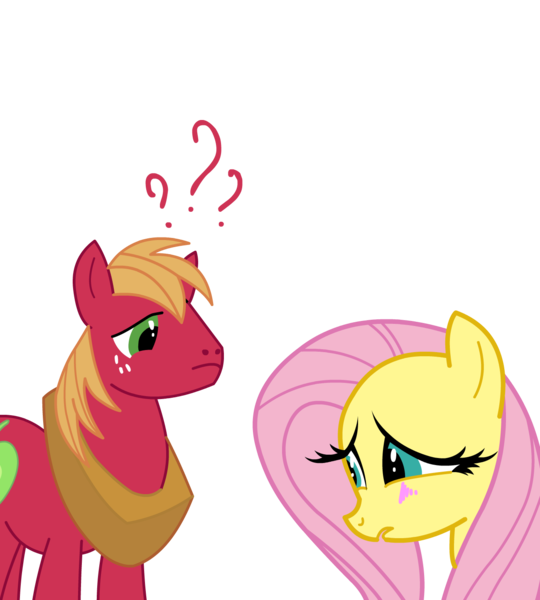 Size: 1300x1445 | Tagged: dead source, safe, artist:miketheuser, derpibooru import, big macintosh, fluttershy, earth pony, pegasus, pony, blushing, female, fluttermac, male, mare, photoshop, question mark, shipping, simple background, stallion, straight, transparent background