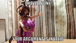 Size: 640x360 | Tagged: safe, derpibooru import, twilight sparkle, pony, unicorn, bunny suit, clothes, female, humans riding ponies, i have a pony your argument is invalid, image macro, leotard, mare, melancholy of haruhi suzumiya, riding, suzumiya haruhi, toy, your argument is invalid