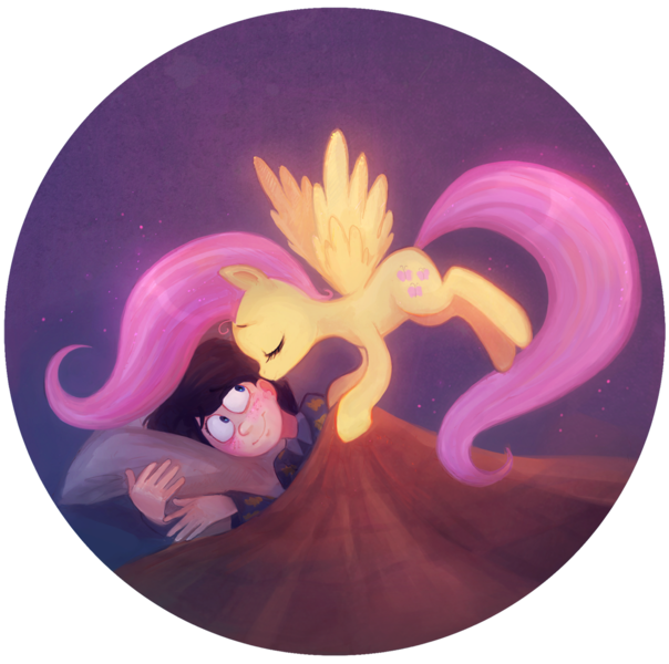 Size: 1111x1104 | Tagged: safe, artist:technaro, derpibooru import, fluttershy, human, pegasus, pony, blanket, crossover, dr. seuss, duo, female, kiss on the cheek, kissing, mare, once-ler, pillow, smiling, the lorax, tucking in