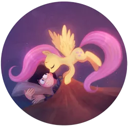 Size: 1111x1104 | Tagged: safe, artist:technaro, derpibooru import, fluttershy, human, pegasus, pony, blanket, crossover, dr. seuss, duo, female, kiss on the cheek, kissing, mare, once-ler, pillow, smiling, the lorax, tucking in