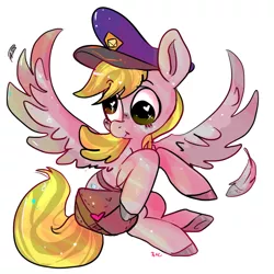 Size: 800x800 | Tagged: safe, artist:clockworkquartet, derpibooru import, derpy hooves, pegasus, pony, bag, feather, female, hat, heart eyes, mailmare, mare, simple background, smiling, solo, spread wings, white background, wingding eyes, wings