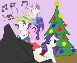 Size: 1314x1080 | Tagged: safe, artist:elslowmo, artist:rubrony, derpibooru import, cookie crumbles, hondo flanks, rarity, sweetie belle, pony, unicorn, bad singing, christmas tree, colored, cookieflanks, eyes closed, female, filly, floppy ears, gritted teeth, male, mare, music notes, open mouth, piano, singing, sitting, sour note, stallion, tree