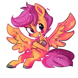 Size: 800x800 | Tagged: safe, artist:clockworkquartet, derpibooru import, scootaloo, pegasus, pony, blushing, crossed hooves, female, filly, grin, heart eyes, sassy, sitting, smiling, solo, spread wings, wingding eyes, wings