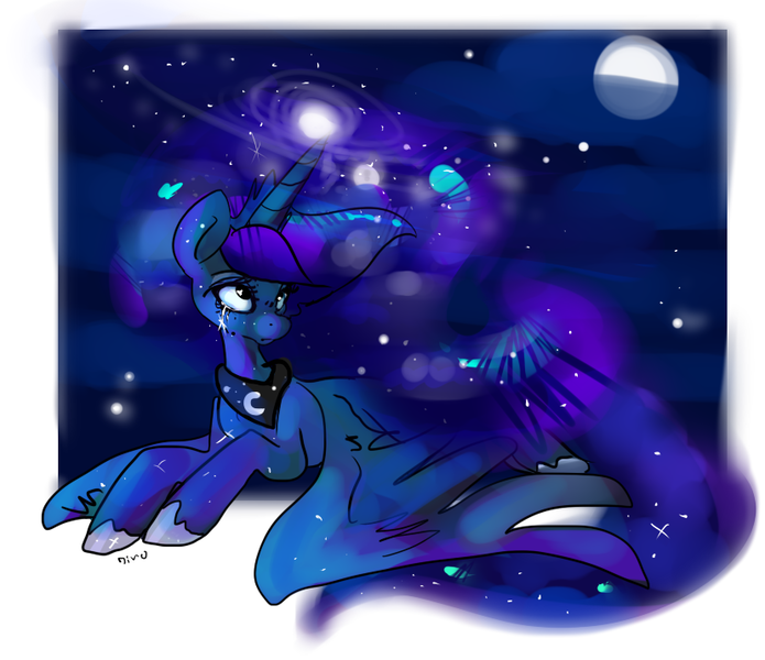 Size: 829x716 | Tagged: safe, artist:clockworkquartet, derpibooru import, princess luna, alicorn, pony, crying, female, mare, moon, prone, sad, solo, wings down