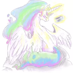 Size: 600x600 | Tagged: dead source, safe, artist:scervo, derpibooru import, princess celestia, alicorn, pony, eyes closed, female, mare, missing accessory, princess, rear view, sitting, smiling, solo, spread wings, tea, wings