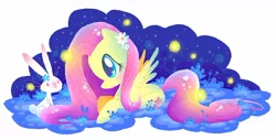 Size: 1284x653 | Tagged: safe, artist:rintau, derpibooru import, fluttershy, firefly (insect), pegasus, pony, cute, duo, female, flower, flower in hair, looking at each other, mare, night, pet, profile, prone, shyabetes, smiling, spread wings