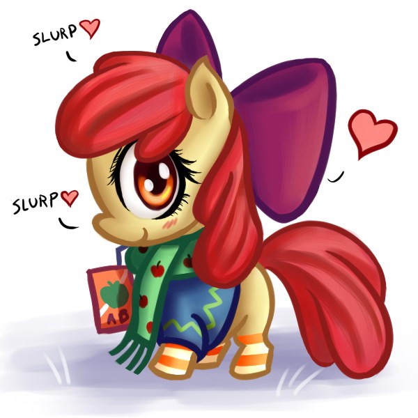 Size: 600x600 | Tagged: dead source, safe, artist:ninjaham, derpibooru import, apple bloom, earth pony, pony, adorabloom, blushing, chibi, clothes, cute, drinking, female, filly, heart, juice box, looking at you, scarf, smiling, socks, solo