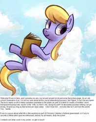 Size: 800x1018 | Tagged: safe, artist:reuniclus, derpibooru import, cloud kicker, pegasus, pony, ask, book, cloud, cloudy, female, mare, sitting, smiling, solo, working hard hardly working