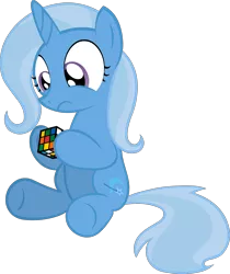 Size: 2000x2377 | Tagged: safe, artist:miketheuser, derpibooru import, trixie, pony, unicorn, confused, cube, cute, cutie mark, diatrixes, female, filly, frown, high res, hoof hold, horn, rubik's cube, simple background, sitting, solo, toy, transparent background, underhoof, younger