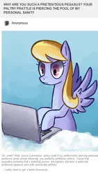 Size: 488x865 | Tagged: safe, artist:reuniclus, derpibooru import, cloud kicker, pegasus, pony, ask, computer, female, frown, laptop computer, mare, solo, working hard hardly working