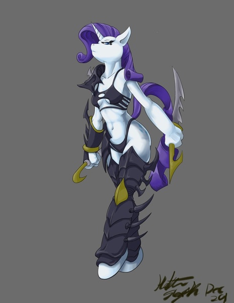 Size: 612x792 | Tagged: anthro, armor, artist:hattonslayden, belly button, breasts, chainmail bikini, dark eldar, derpibooru import, dual wield, female, invulnerable save, lelith hesperax, rarity, safe, sexy, sinfully sexy, solo, stupid sexy rarity, sword, unconvincing armor, unguligrade anthro, warhammer 40k, warhammer (game), weapon, wide hips