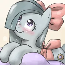 Size: 900x900 | Tagged: safe, artist:speccysy, derpibooru import, marble pie, earth pony, pony, blushing, bow, cute, female, mare, prone, ribbon, smiling, solo