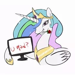 Size: 900x900 | Tagged: safe, artist:zev, derpibooru import, princess celestia, alicorn, pony, female, flower, flower in mouth, mare, monitor, mouth hold, princess, rose, simple background, solo, trollestia, u mad, white background