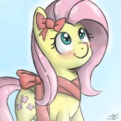 Size: 900x900 | Tagged: safe, artist:speccysy, derpibooru import, fluttershy, pegasus, pony, bow, female, mare, ribbon, smiling, solo