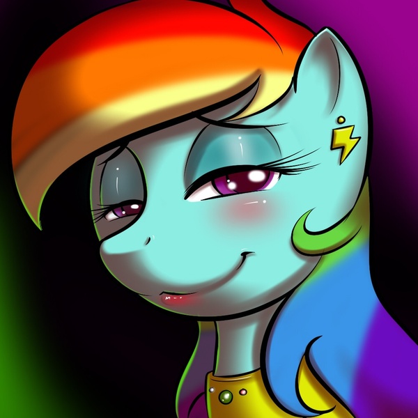 Size: 1000x1000 | Tagged: safe, artist:kloudmutt, derpibooru import, rainbow dash, pegasus, pony, bedroom eyes, blushing, ear piercing, earring, female, girly, gradient background, jewelry, lipstick, looking at you, makeup, mare, piercing, rainbow dash always dresses in style, smiling, solo, tomboy taming