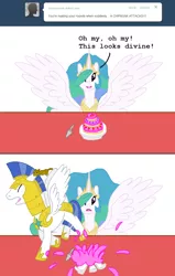 Size: 800x1260 | Tagged: safe, artist:hakar-kerarmor, derpibooru import, princess celestia, oc, oc:monolith, alicorn, chipmunk, pegasus, pony, ask four inept guardponies, biting, cake, female, male, mare, royal guard, running, stallion, this will end in tears and/or a journey to the moon