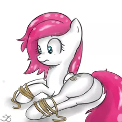 Size: 900x900 | Tagged: suggestive, artist:speccysy, derpibooru import, oc, oc:phoe, unofficial characters only, pegasus, pony, bondage, female, femsub, frown, mare, plot, rope, side, simple background, solo, solo female, submissive, white background