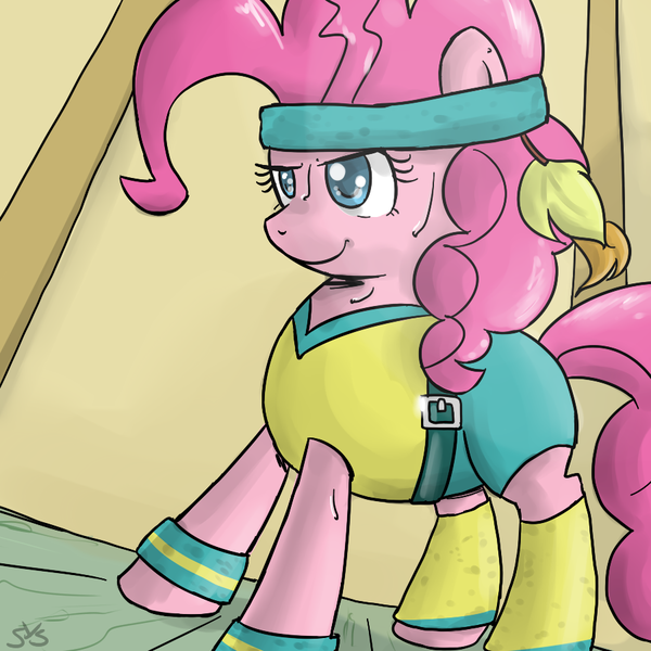 Size: 900x900 | Tagged: safe, artist:speccysy, derpibooru import, pinkie pie, earth pony, pony, aerobics, clothes, colored pupils, determined, female, headband, mare, solo, sweat, wristband